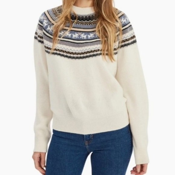 Naadam 100% Cashmere Goat Fair Isle Nordic Crewneck Sweater Pullover Blue Cream - Picture 1 of 12
